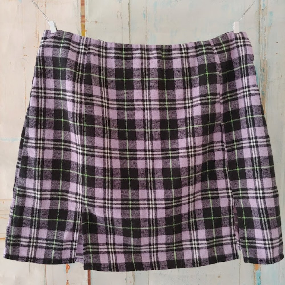 Motel plaid flannel slight spandex lined zipper skirt/L/purple green black